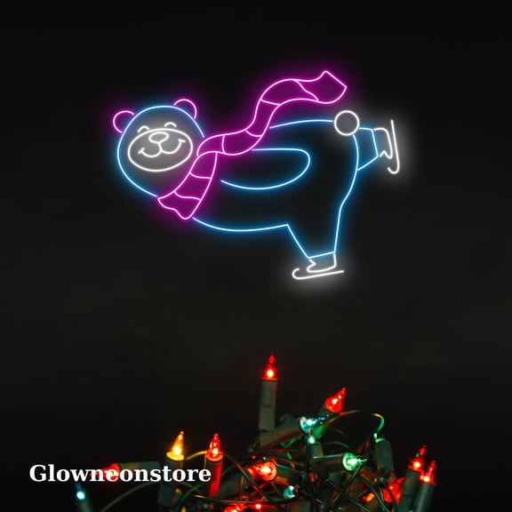 Glowneon Bear Skiing Neon Sign, Bear Skiing Led Light, Bear Neon Sign, Bear Decor, Skiing Led Sign