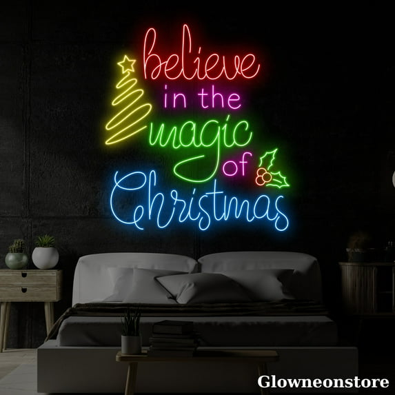 Glowneon Believe In The Magic Of Christmas Neon Sign, Christmas Quote LED Sign, Christmas Tree Neon