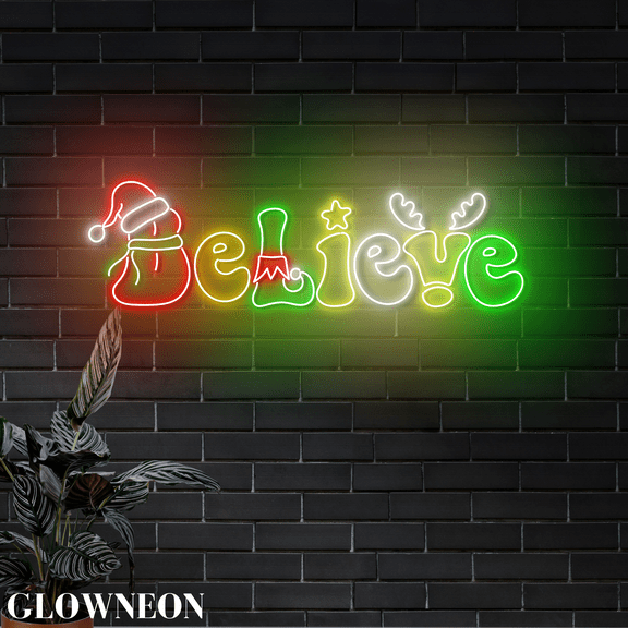 Glowneon Believe Led Sign, Christmas Wall Art, Merry Christmas Decor