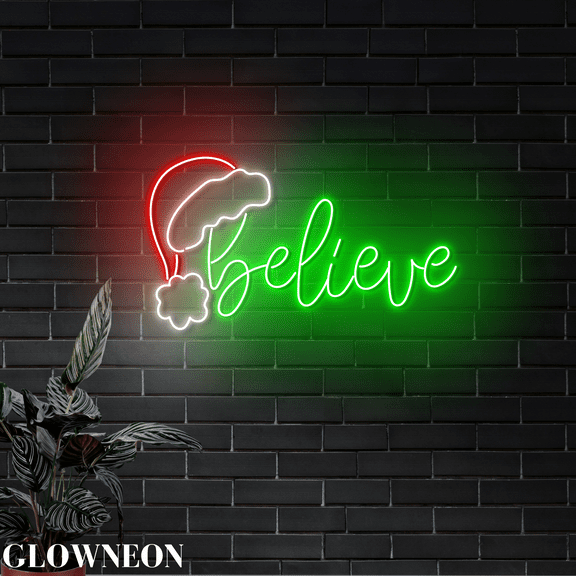 Glowneon Believe Neon Sign, Christmas Santa Hat Led Sign, Xmas Decor