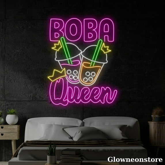Glowneon Boba Queen Neon Sign, Boba Queen Led Sign, Bubble Tea Led Light, Milk Tea Shop Decor