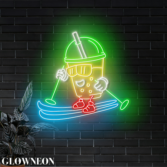 Glowneon Boba Tea Skiing Led Wall Art, Bubble Milk Tea Shop Neon Sign