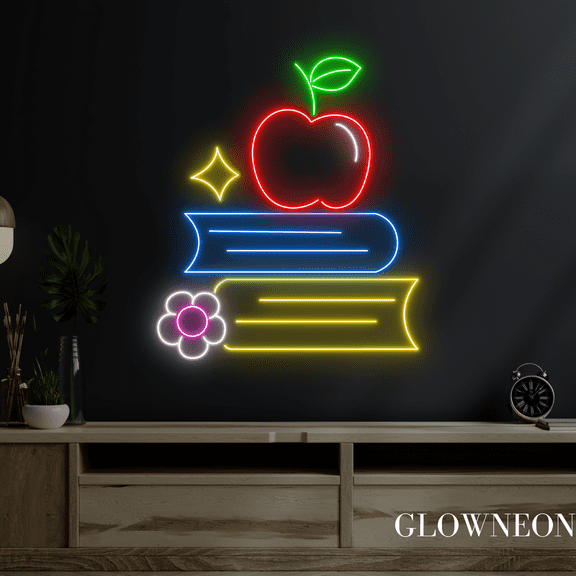 Glowneon Book Store Decor With School Book Apple Neon Sign, Led Light