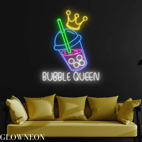 Glowneon Bubble Queen Neon Sign, Bubble Milk Tea Shop Wall Led Light