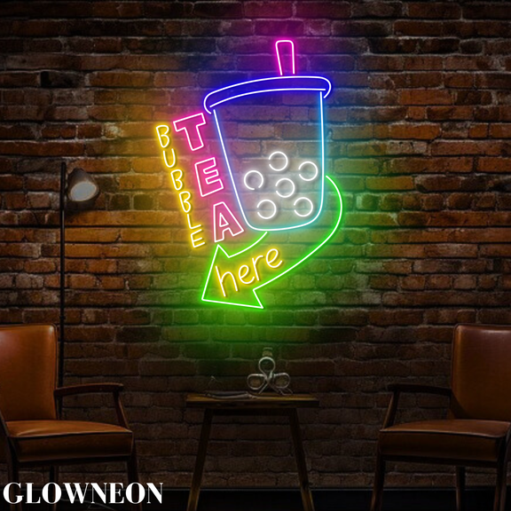 Glowneon Bubble Tea Here Led Wall Decor, Boba Milk Tea Shop Neon Sign
