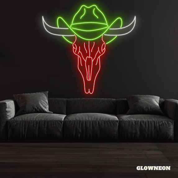 Glowneon Bull Skull with Cowboy Hat Neon Sign, Cowboy Decor