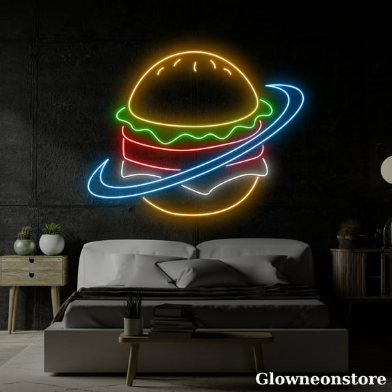 Glowneon Burger Planet Neon Sign, Open Hamburger LED Sign, Restaurant Decor, Burger Lover Gift