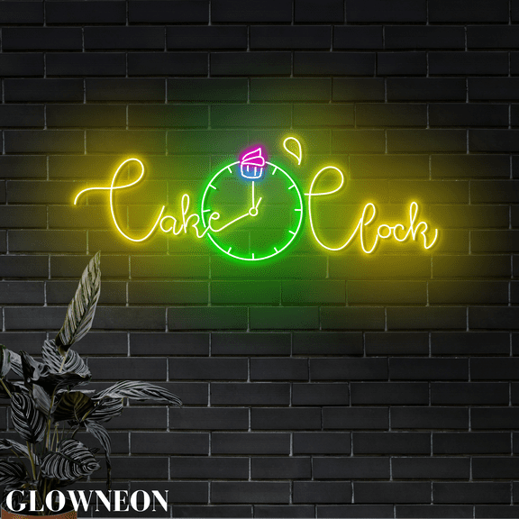 Glowneon Cake O'Clock Neon Wall Sign, Cake Shop Wall Art Bakery Decor