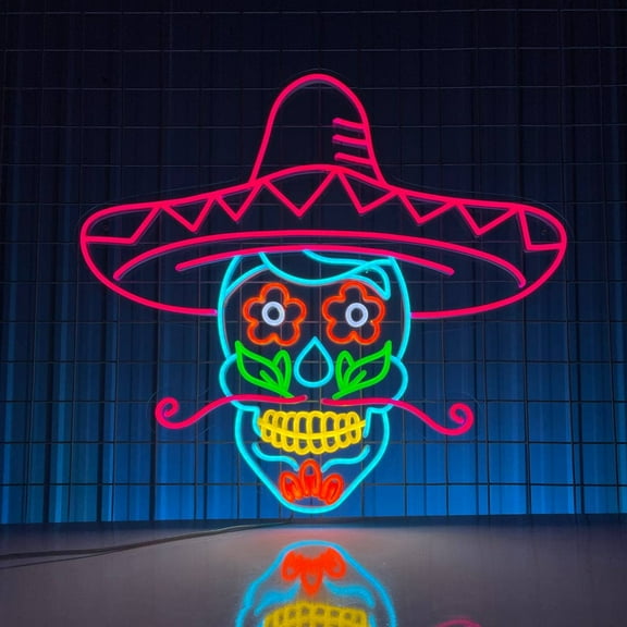 Glowneon Calaveras Skull In Sombrero Hat Neon Sign, Halloween Decor
