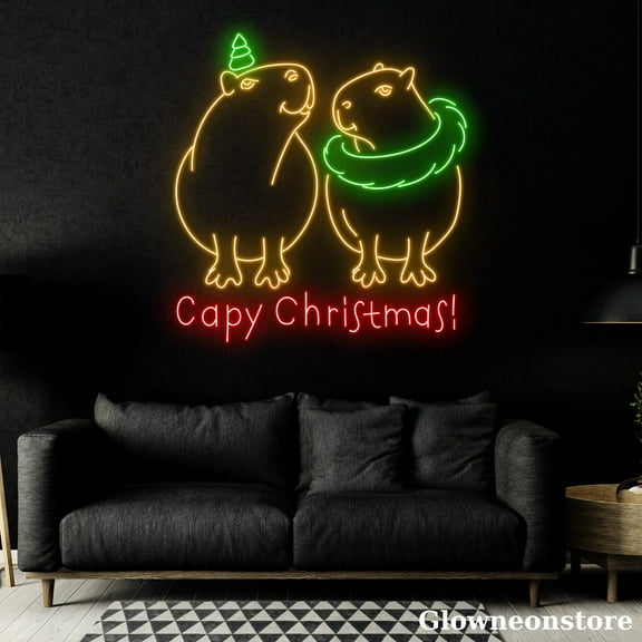 Glowneon Capy Christmas Neon Sign, Capy Christmas LED Sign, Couple Capybara Led Light Wall Décor
