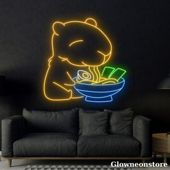 Glowneon Capybara Eat Ramen Neon Sign, Capybara Led Sign, Ramen Restaurant Signboard