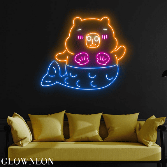 Glowneon Capybara Mermaid Neon Sign, Capybara Led Sign, Bedroom Decor