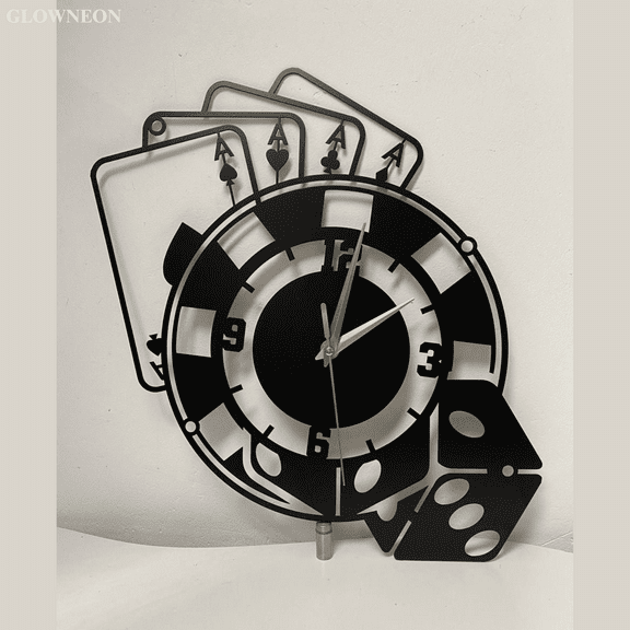 Glowneon Casino Poker Card Metal Wall Clock, Casino Jackpot Clock Art