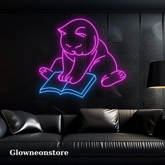 Glowneon Cat And Book Neon Sign, Cat And Book Led Sign, Cat Reading Books Art Decor Neon