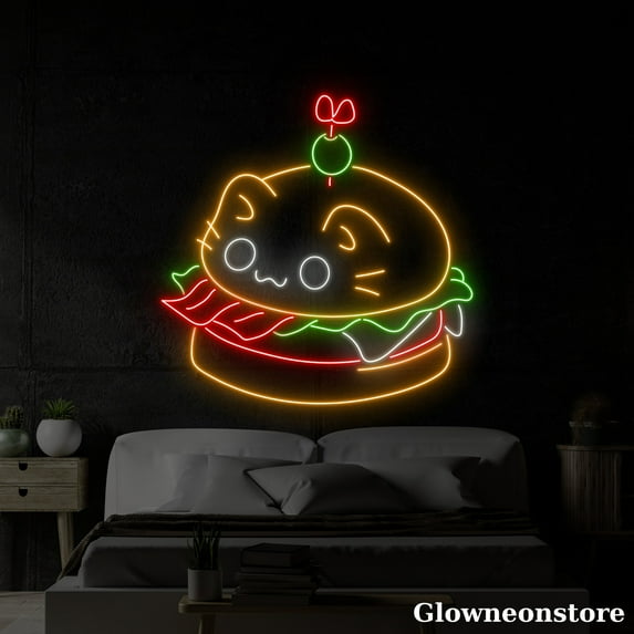 Glowneon Cat Burger Neon Sign, Open Hamburger LED Sign, Restaurant Decor, Welcome Open Led