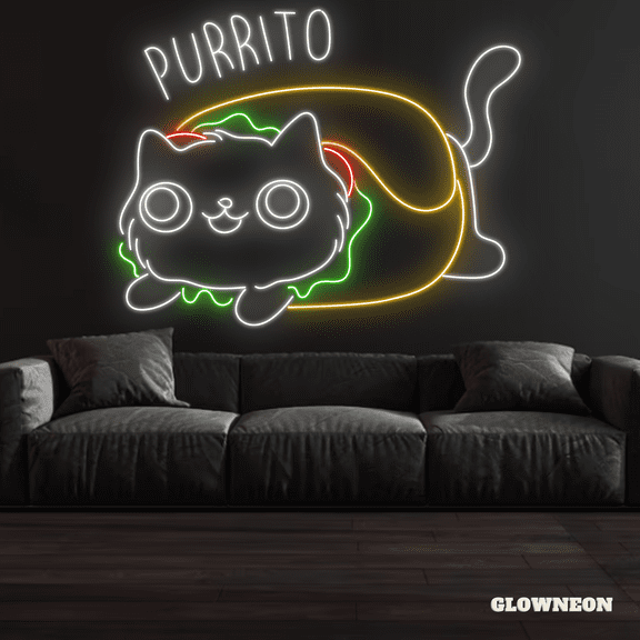 Glowneon Cat Burrito Neon Sign, Mexico Restaurant Decor, Burrito Sign