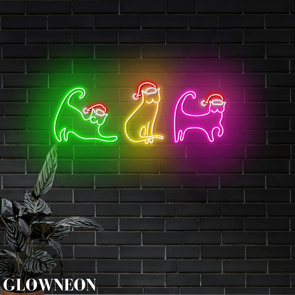 Glowneon Cat Christmas Led Line Art, Pet Clinic Christmas Wall Decor