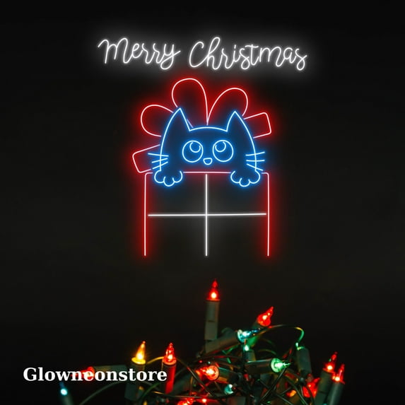 Glowneon Cat Christmas Neon Sign, Cat Box Led Light, Cat Christmas Art Decor Neon