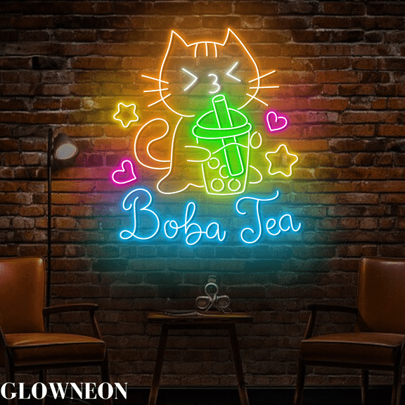 Glowneon Cat Drink Boba Tea Led Wall Decor, Bubble Milk Tea Shop Sign