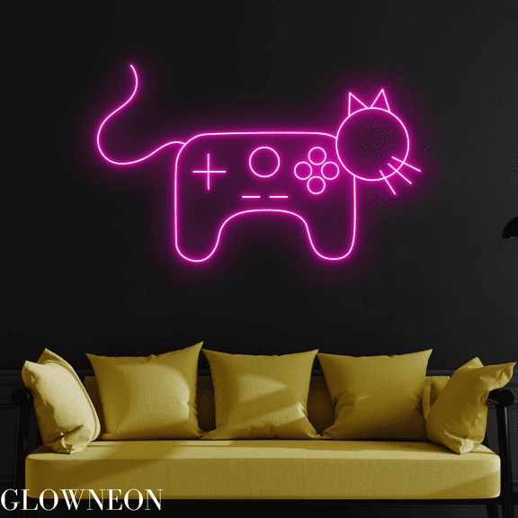 Glowneon Cat Game Neon Signs, Gaming Room Wall Art With Led Light