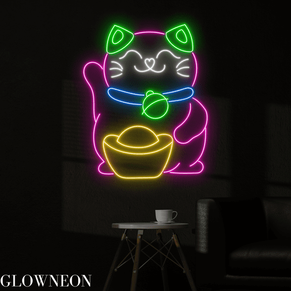 Glowneon Cat Gold Bar Neon Sign, Lucky Cat Led Sign, Restaurant Decor