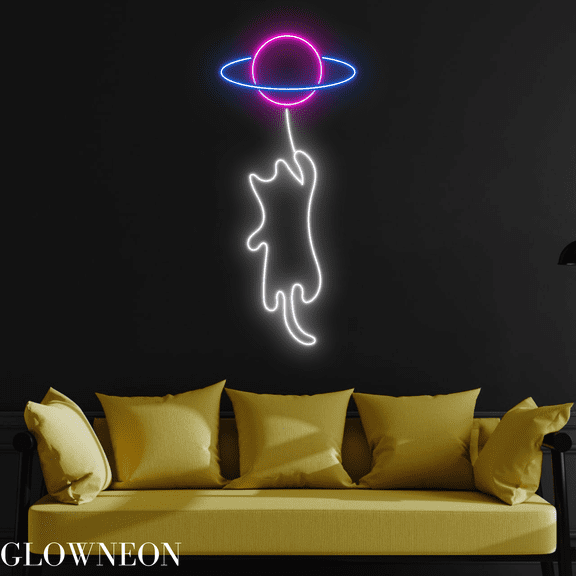 Glowneon Cat Hang On Planet Neon Sign, Cat Led Sign, Gift For Kids