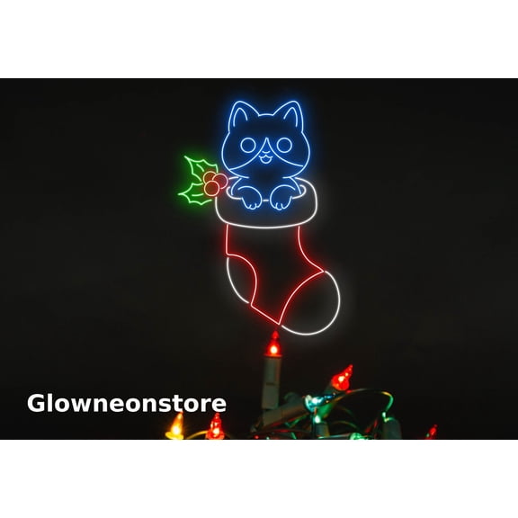 Glowneon Cat In Stock Neon Sign, Cat Christmas Neon Sign, Cat In Stock Christmas Led Light
