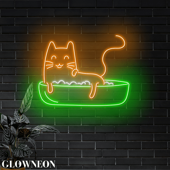 Glowneon Cat In Tub Neon Wall Decor, Cat Grooming Shop Open Wall Art