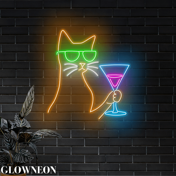 Glowneon Cat Martini Cocktail Neon Wall Decor, Martini Bar Pub Decor