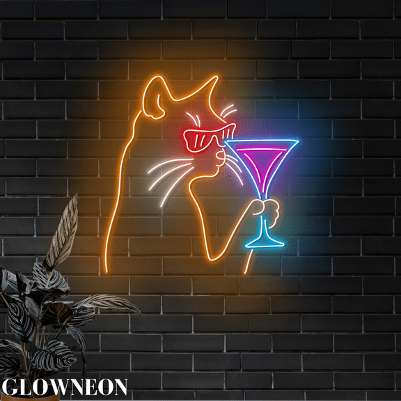 Glowneon Cat Martini Led Sign, Cat Neon Sign, Martini Cocktail Decor