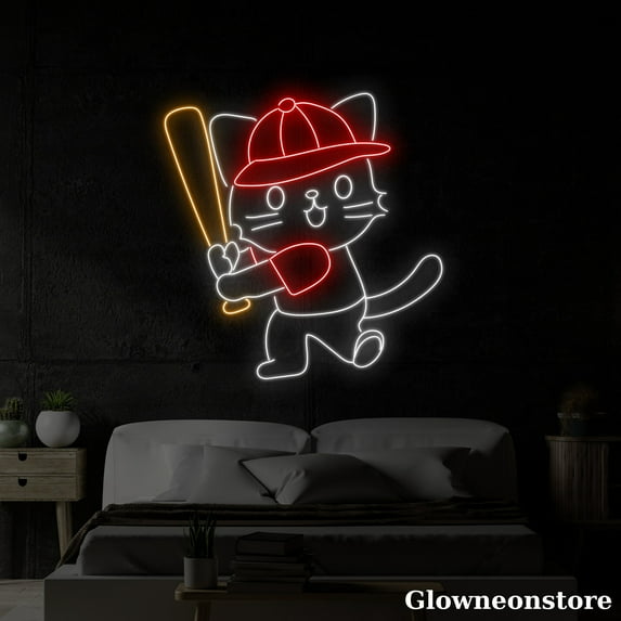 Glowneon Cat Playing Baseball Neon Sign, Baseball Led Sign, Baseball Lover Gifts, Baseball Decor