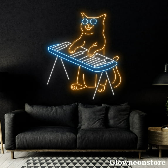 Glowneon Cat Playing Piano Neon Sign, Cool Cat Play Piano Led Sign, Instrument Shop Decor