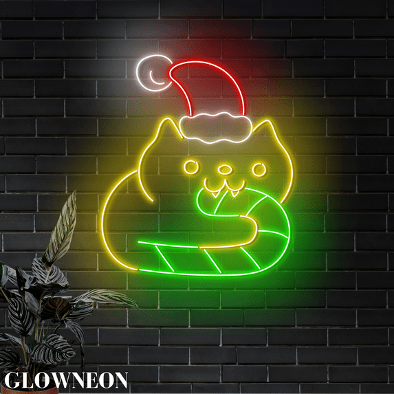Glowneon Cat Santa Hat Candy Neon Sign, Christmas Cat Shop Wall Decor