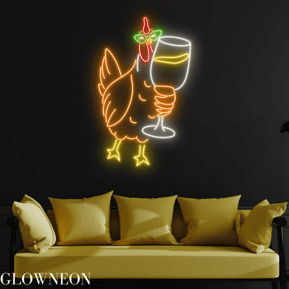 Glowneon Chicken Drinking Champagne Neon Sign, Wine Bar Pub Led Light