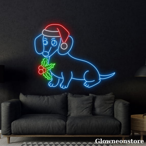 Glowneon Christmas Dachshund Neon Sign, Dachshund Santa Hat LED Sign, Merry Christmas Sign