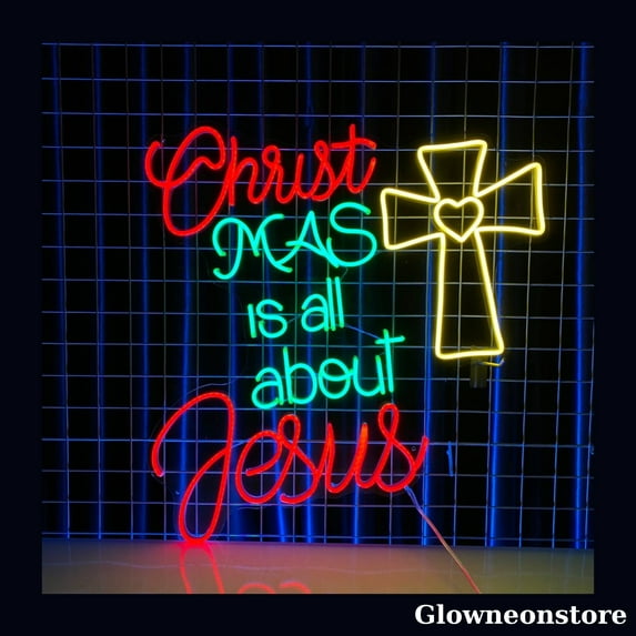 Glowneon Christmas Is All About Jesus Neon Sign, Christmas Quote LED Sign, Cross Heart Neon Light