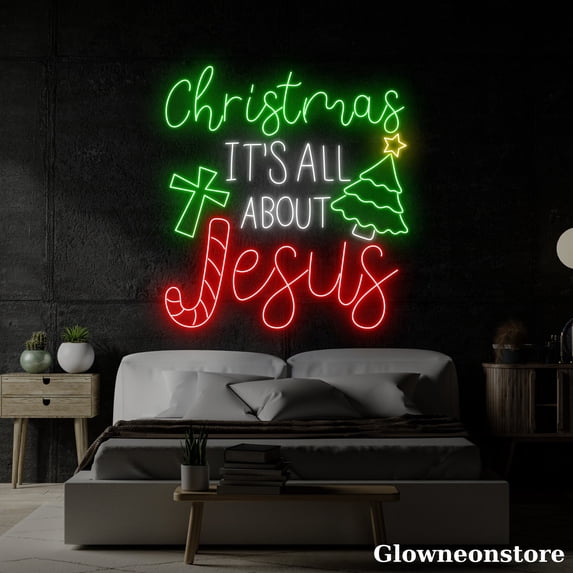 Glowneon Christmas It's All Jesus Neon Sign, Christmas Quotes Led Sign, Christmas Tree LED