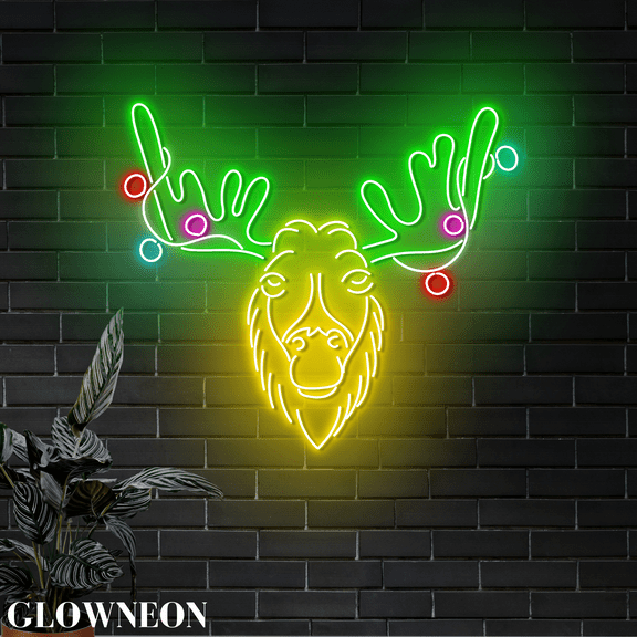 Glowneon Christmas Moose Head Neon Wall Art, Moose Led Wall Art Decor