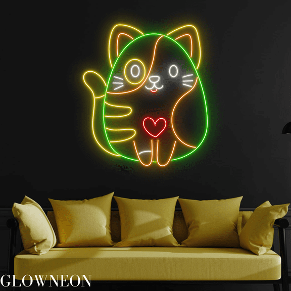 Glowneon Chubby Cat Heart Neon Sign, Cat Led Sign, Cat Lover Gifts