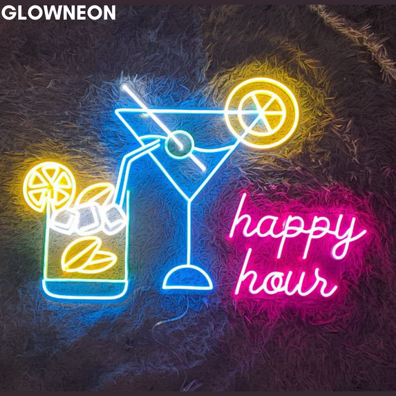 Glowneon Cocktail Bar Pub Decor With Happy Hour Neon Sign, Wall Decor