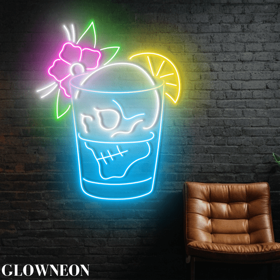 Glowneon Cocktail Skull Neon Light, Cocktail With Skull For Bar Decor