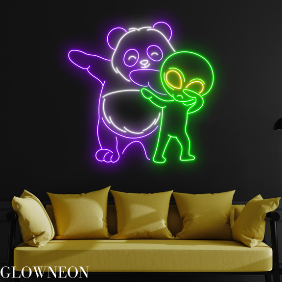 Glowneon Cool Alien Panda Neon Sign, Alien Led Sign, Panda Bear Gift