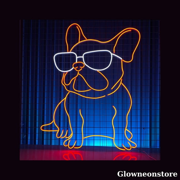 Glowneon Cool Bulldog Neon Sign, Bulldog With Glasses Led Sign, Bulldog Wall Art, Bulldog Led Light