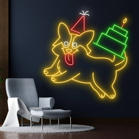 Glowneon Corgi Birthday Neon Signs, Pet Shop Sign, Pet Party Decor
