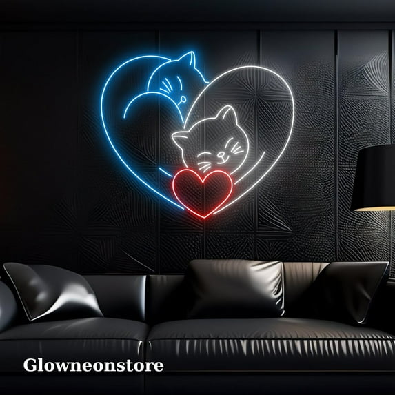Glowneon Couple Cat Heart Neon Sign, Couple Cat Led Light, Cat Cute Neon Light, Animal Lover Gifts