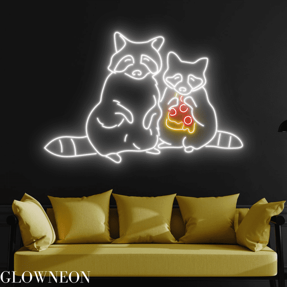 Glowneon Couple Raccoon Eat Pizza Neon Sign, Raccoon Lover Led Light