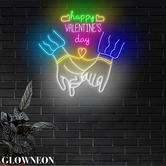 Glowneon Couple Red Strings Hold Hand Neon Sign, Valentine's Day Sign