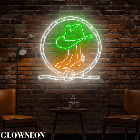 Glowneon Cowboy Boots Hat Rodeo Led Sign, Cowboy Bar Pub Led Wall Art