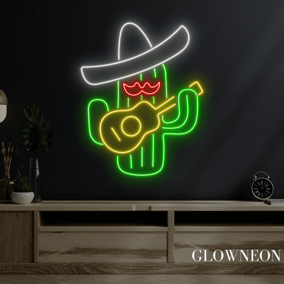 Glowneon Cowboy Cactus Guitar Neon Sign, Cactus Led Sign, Kid Gifts