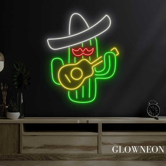 Glowneon Cowboy Cactus Guitar Neon Sign, Cactus Led Sign, Kid Gifts